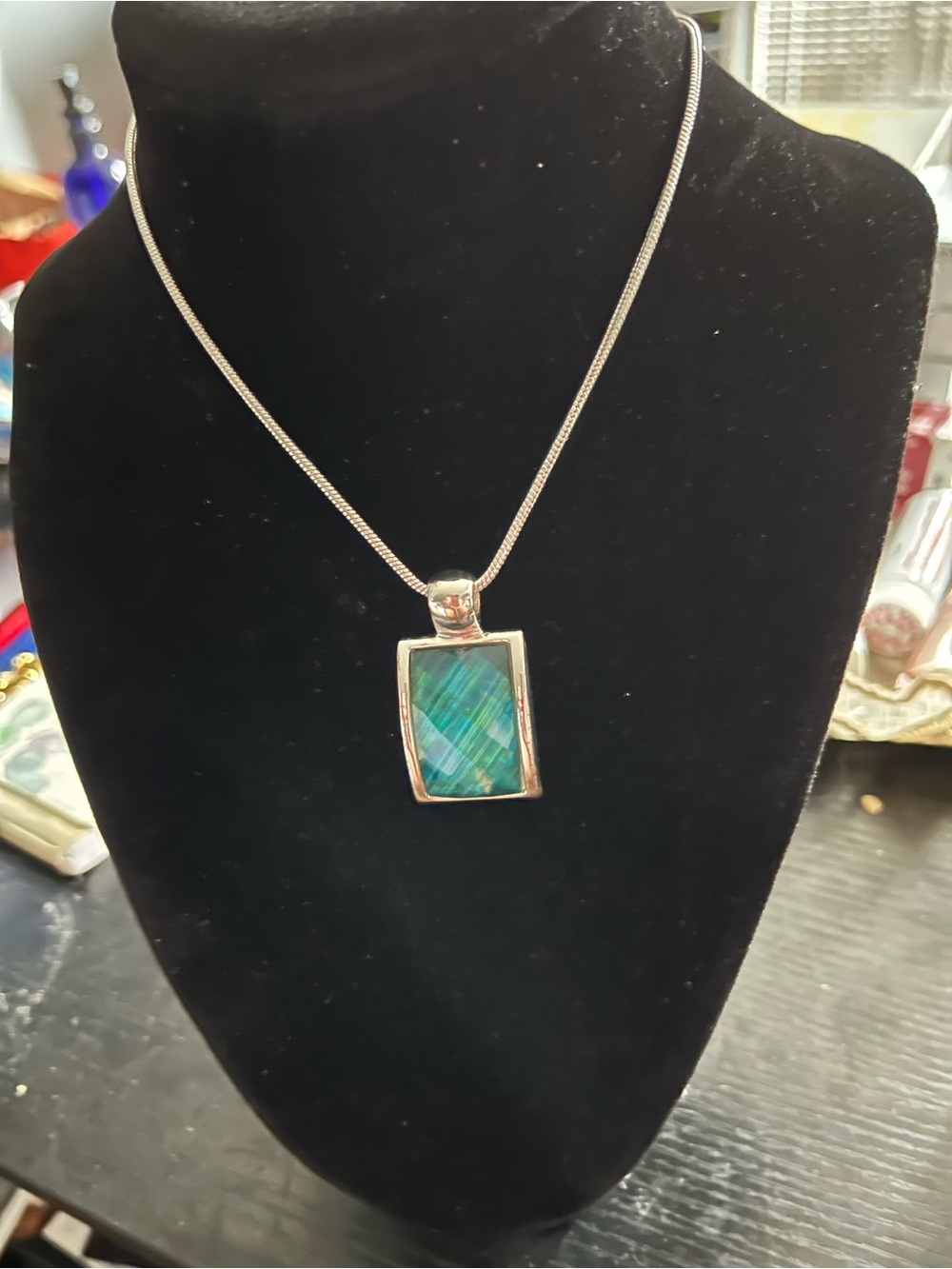 Colors Silver Green-Blue Rectangular Stone Pendant Necklace with matching